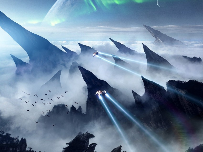 Spaceship Rocks Landscape Extraterrestrial Birds Shine Aurora Fog Png ...