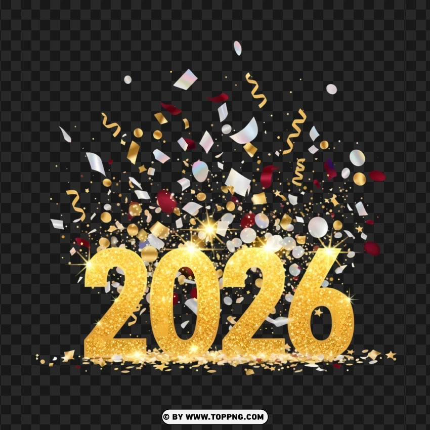 Sparkling Gold 2026 Typography With Glittering Confetti PNG Transparent Background