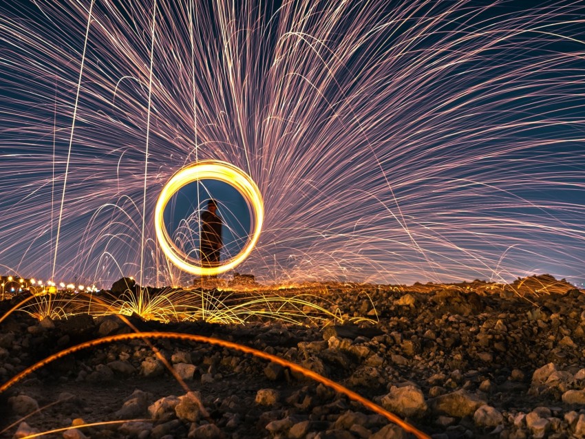 sparks, fire show, long exposure, movement, glow, bright, circle