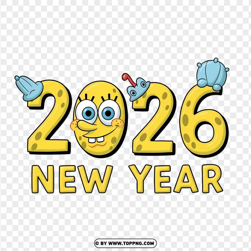 Spongebob Cartoon Style 2026 New Year Typography PNG Transparent Background