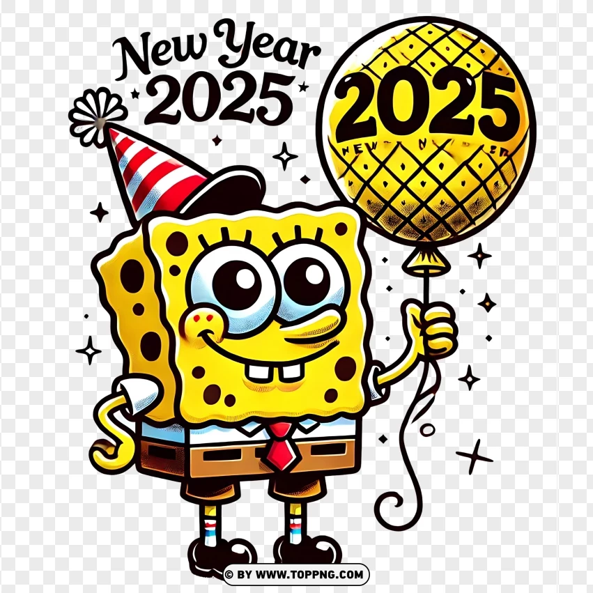 Spongebob Holding A 2025 Balloon For New Year Celebration PNG Transparent Background