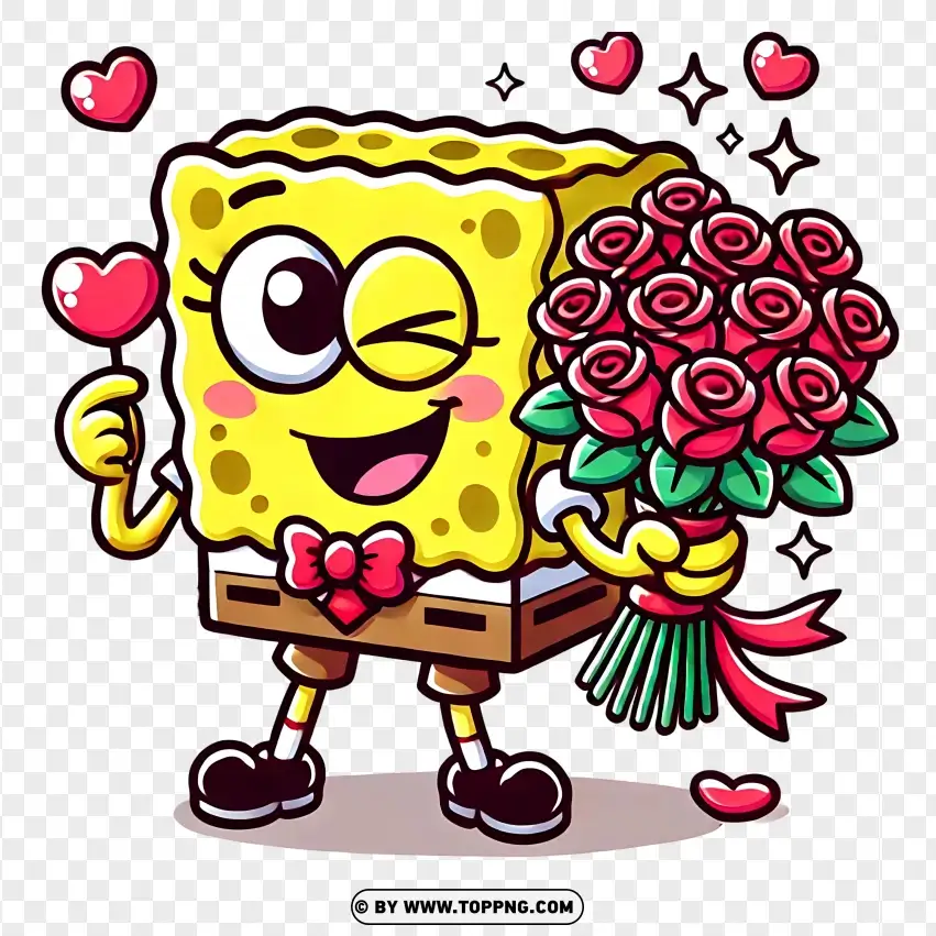 Spongebob Holding Red Roses PNG Transparent Background