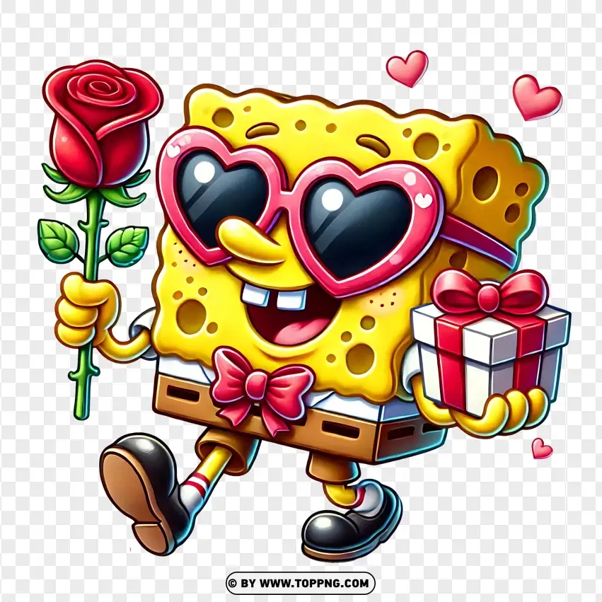 Spongebob In Heart Glasses With Roses And A Gift Box PNG Transparent Background