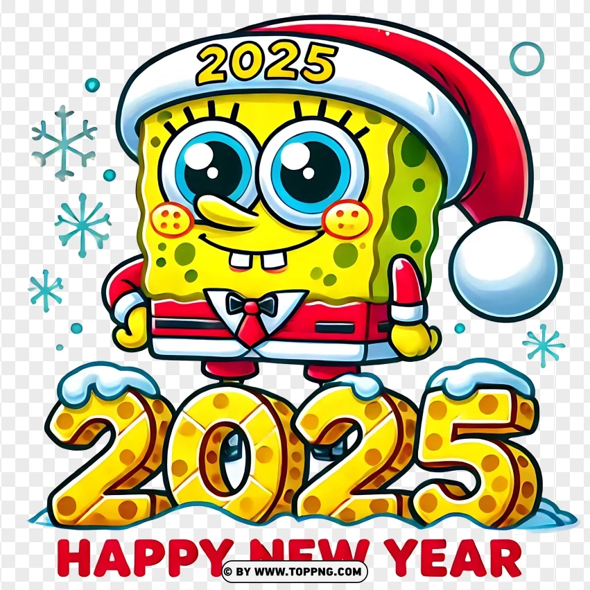 Spongebob With Santa Hat And 2025 Happy New Year PNG Transparent Background