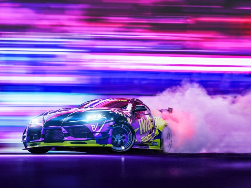 sportscar, drift, neon, smoke, speed
