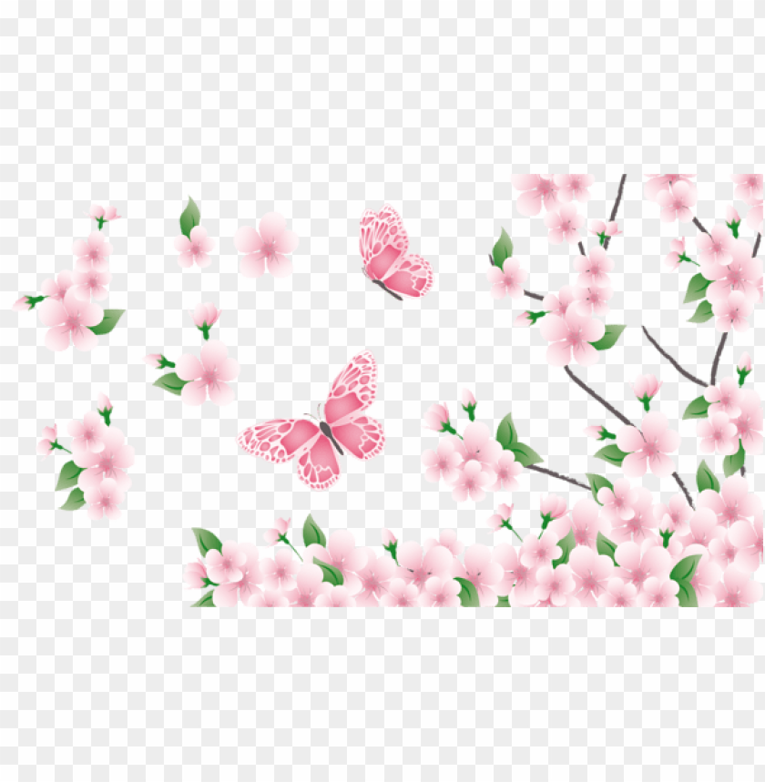 PNG image of spring branch with pink flowers and butterflies with a clear background - Image ID 47172