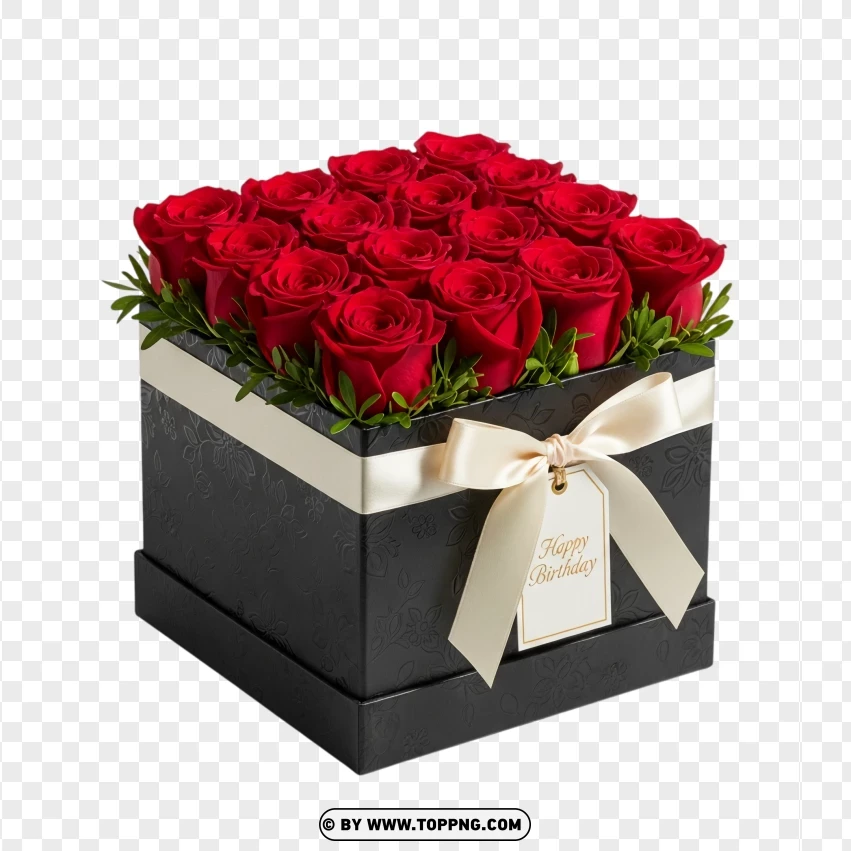 Square Gift Box With Red Birthday Roses PNG Transparent Background