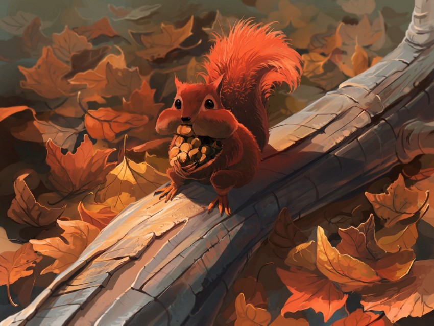 squirrel, nuts, food, foliage, autumn