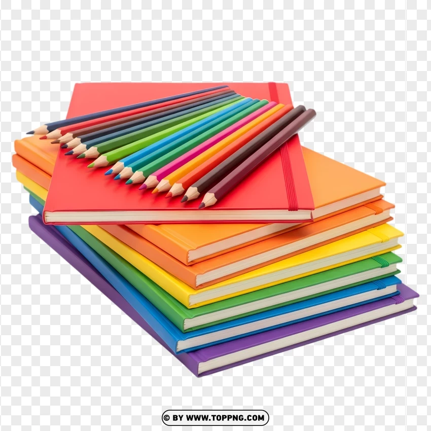 Stack Of Colorful Notebooks With Pencils PNG Transparent Background