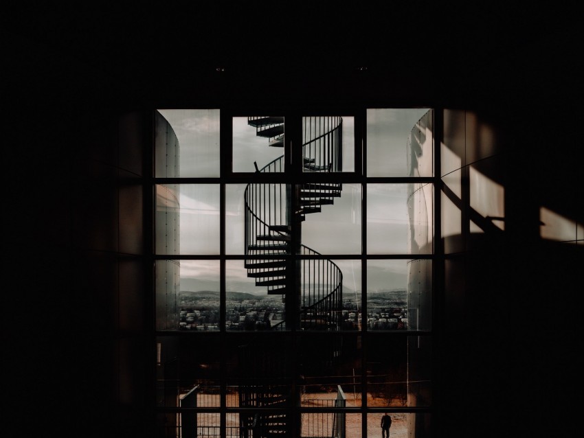 staircase, spiral, architecture, dark, room, window