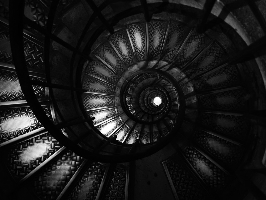 staircase, spiral, bw, dark, architecture, construction