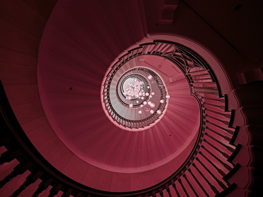 staircase, spiral, chandelier, construction, architecture