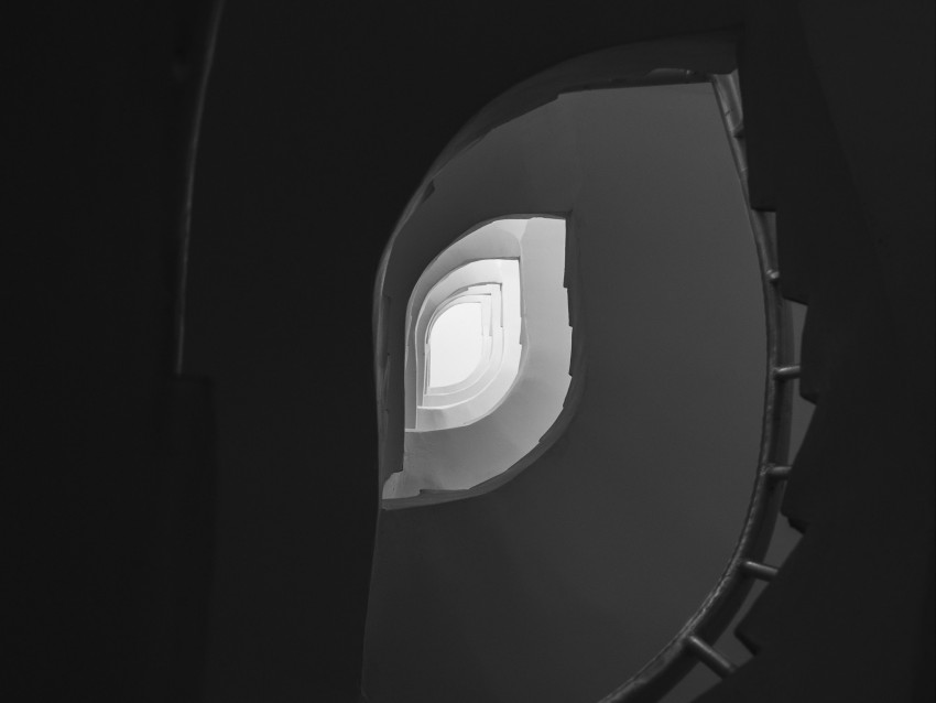 staircase, spiral staircase, bw, bottom view