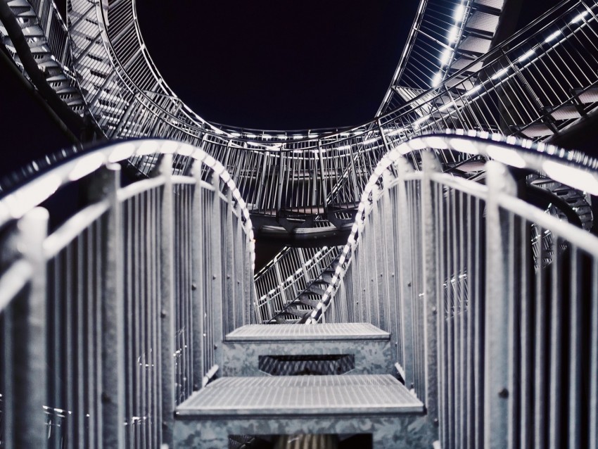 staircase, winding, twisted, structure, metal, backlight