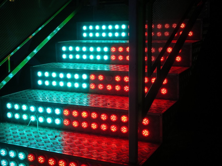 stairs, steps, backlight, neon, light bulbs, blue, red