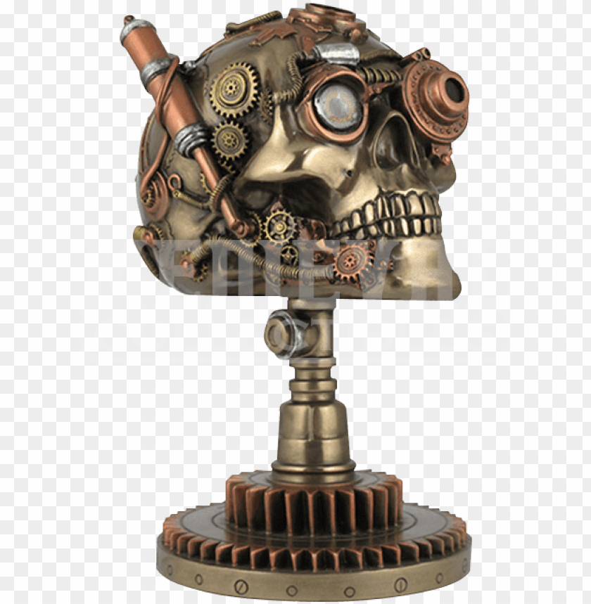 Steampunk Skull On Gear Stand Zeckos Bronze Copper Finished Steampunk Skull Statue PNG Image With Transparent Background