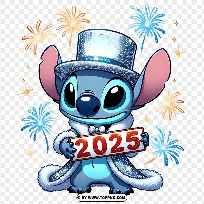 Stitch Celebrating New Year 2025 With Top Hat And Fireworks PNG Transparent Background