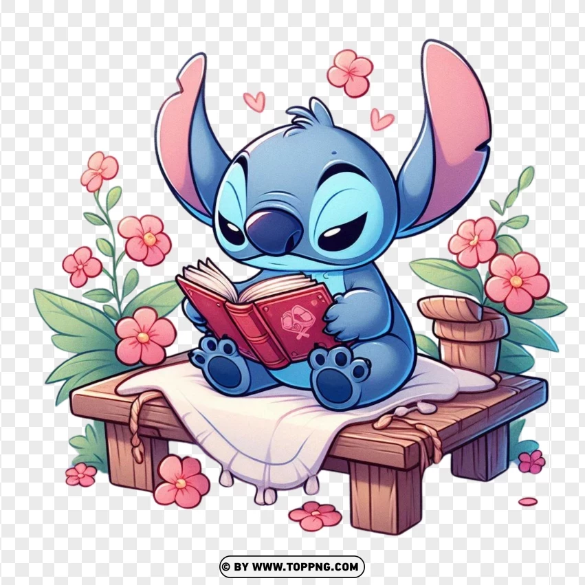 Stitch Reading A Book With Flowers | TOPpng