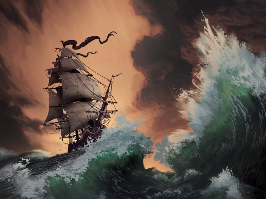 storm, ship, sea, waves, art