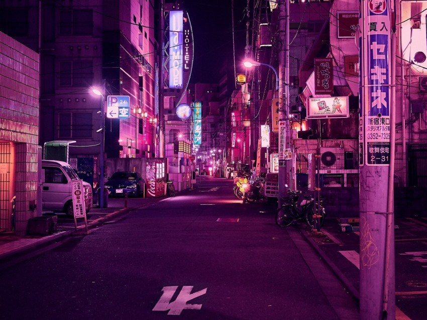 street, neon, night city, backlight, purple, tokyo