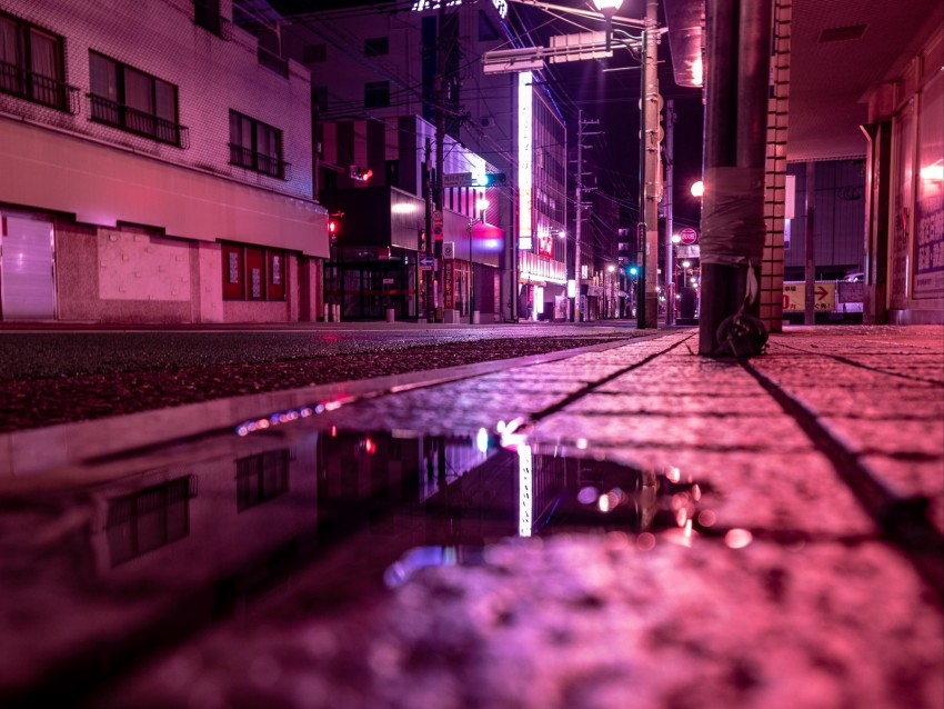 street, puddle, neon, light, night