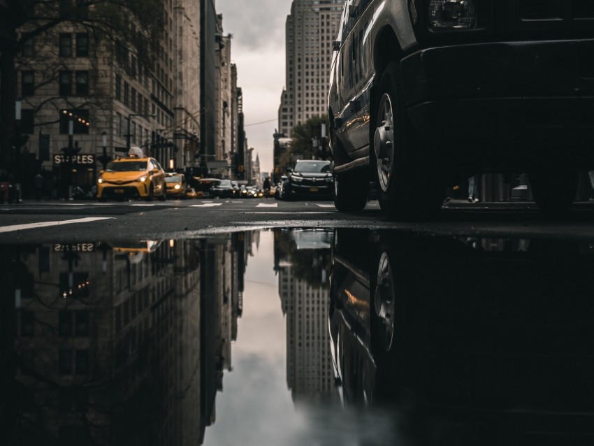 street, puddle, reflection, cars, buildings, asphalt