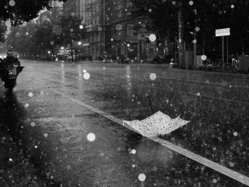 street, rain, bw, umbrella, asphalt, wet