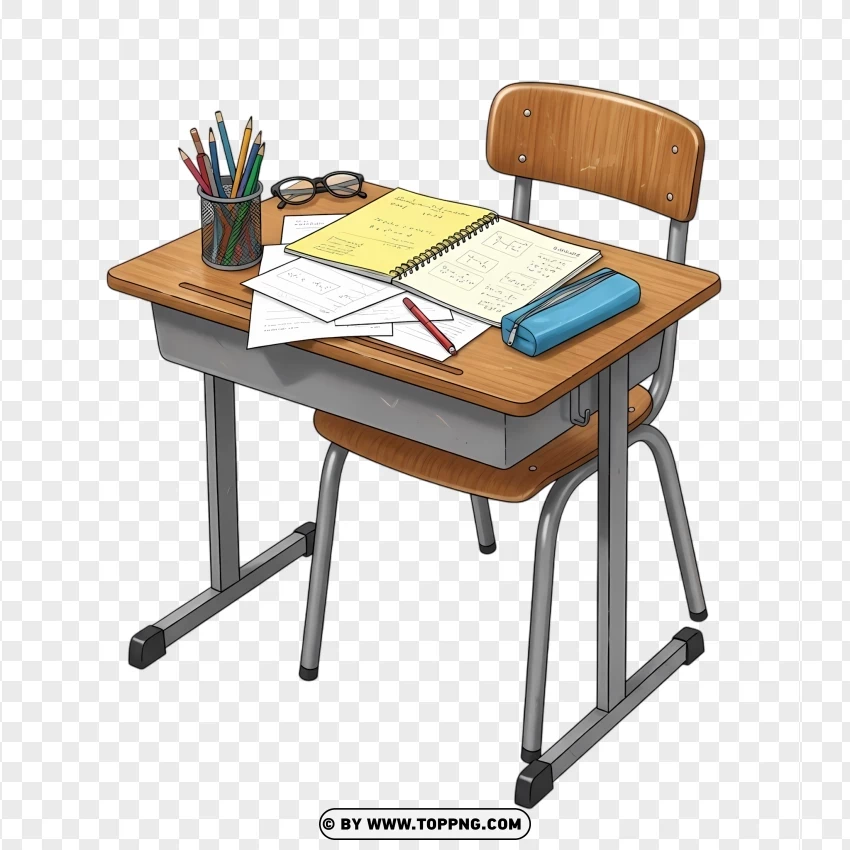 Study Supplies On Old School Desk And Chair Illustration PNG Transparent Background