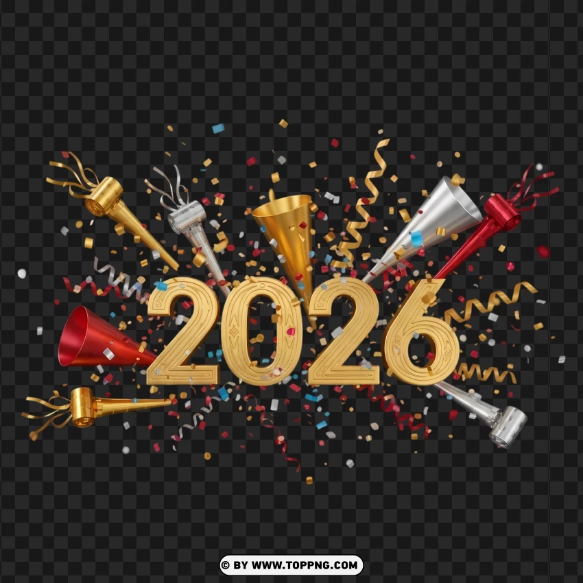 Stylish 2026 New Year Holiday Design With Confetti And Party Horn PNG Transparent Background