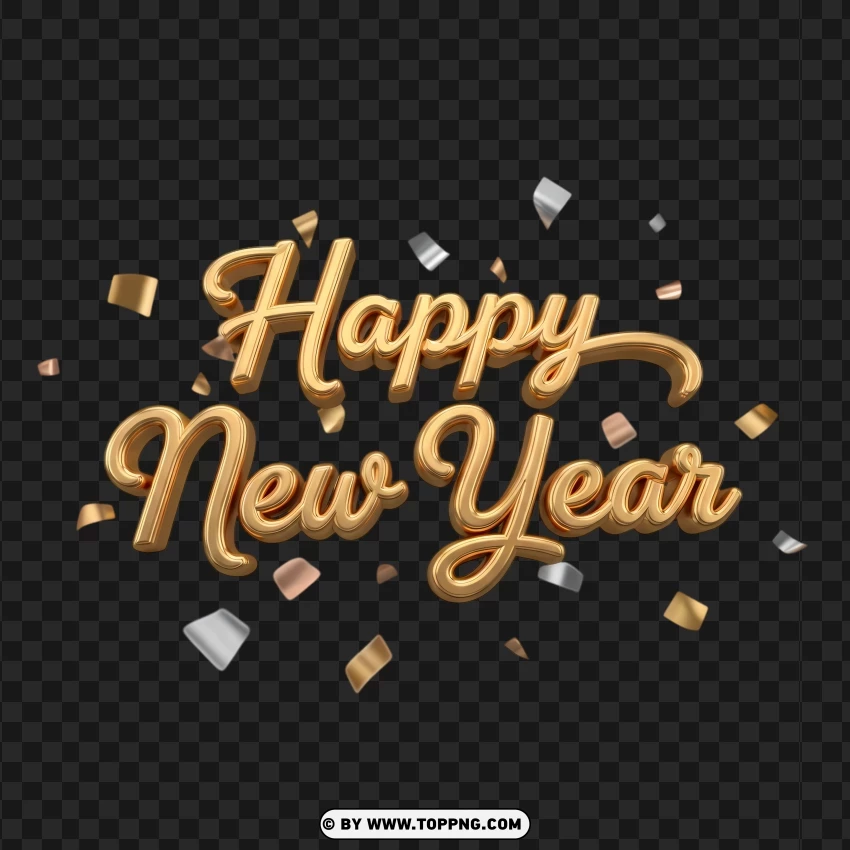 3d Happy New Year Gold Typography With Confetti PNG Transparent Background