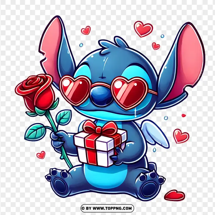 Stitch With Roses And Heart Glasses For Valentines PNG Transparent Background