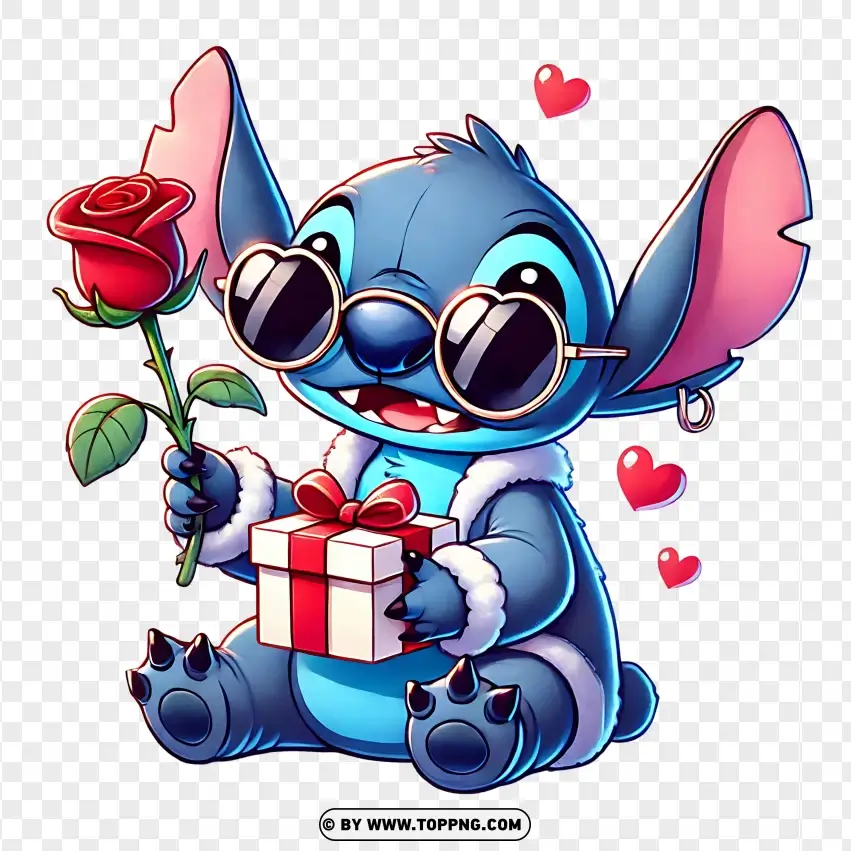 Cute Stitch Holding Gift With Hearts PNG Transparent Background