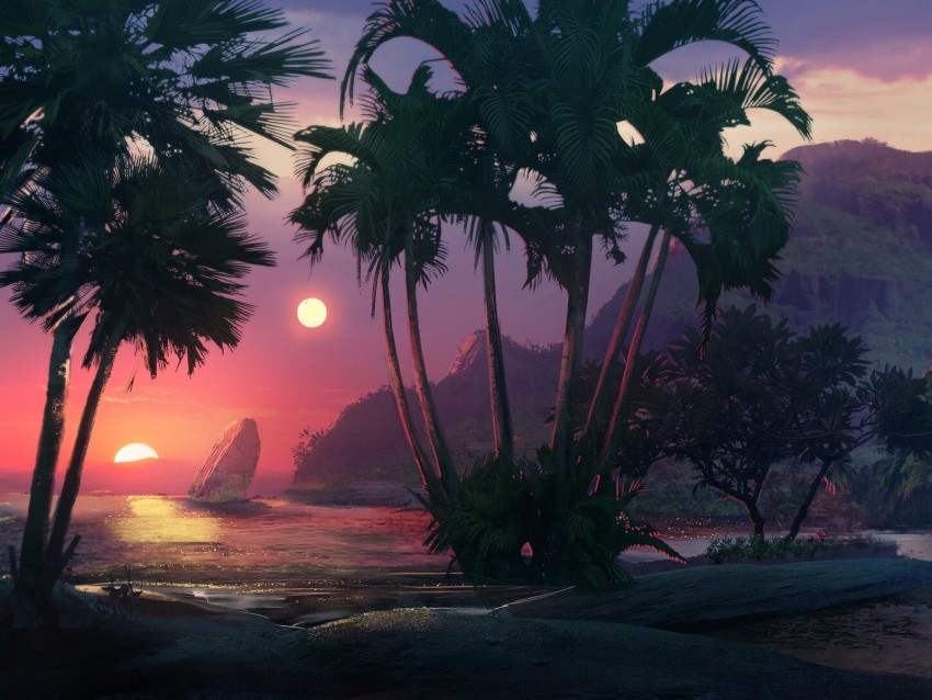 sunset, beach, palm trees, sea, art