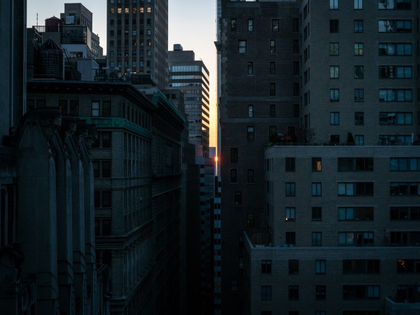 sunset, buildings, city, light, new york, usa