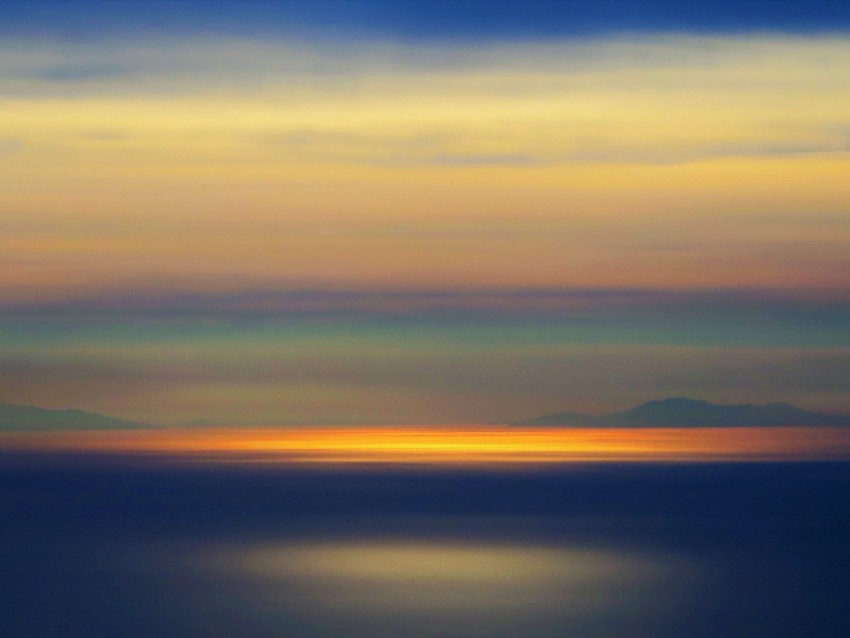 sunset, horizon, blur, water, surface, reflection