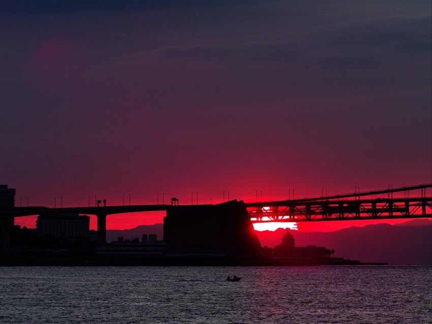 sunset, river, bridge, evening, red, twilight
