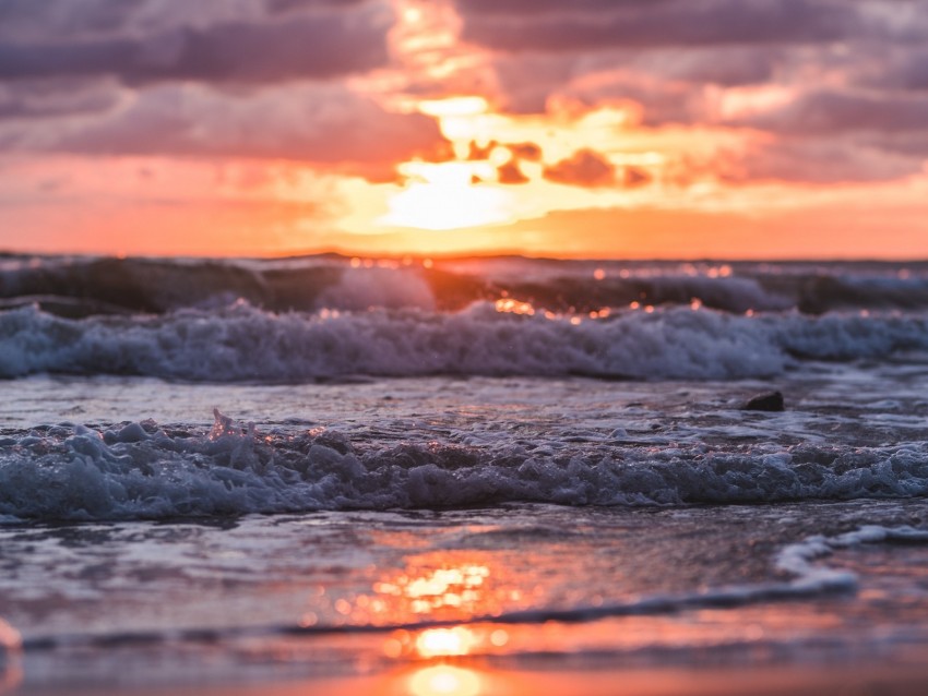 sunset, sea, waves, beach, sun, cloud