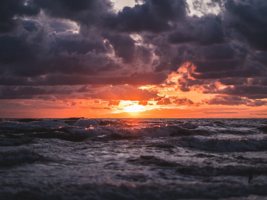 sunset, sea, waves, clouds, horizon