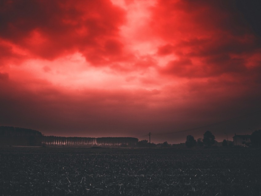 sunset, sky, horizon, field, clouds, red