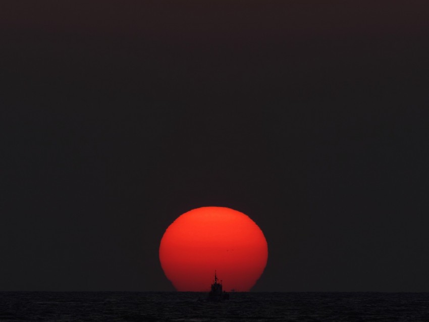 sunset, sun, sea, ship, horizon