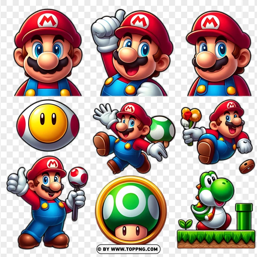 Super Mario And Yoshi Icon Set With Power-ups PNG Transparent Background