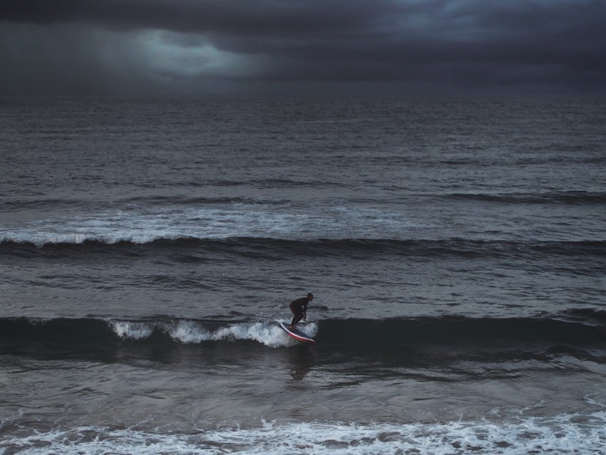 surfer, surfing, waves, sea, ocean, overcast