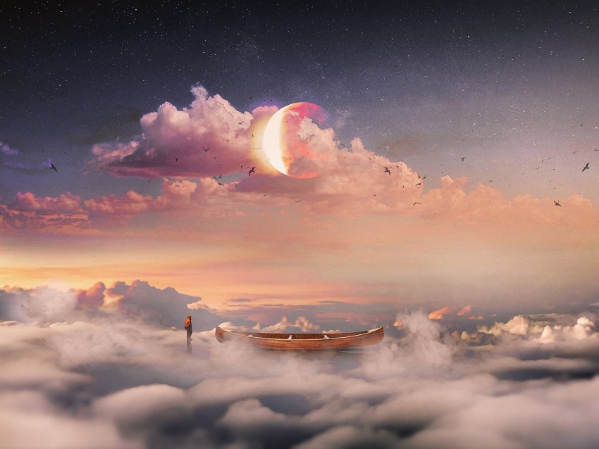 Surrealism Boat Clouds Lonely Man Starry Sky Png - Free PNG Images