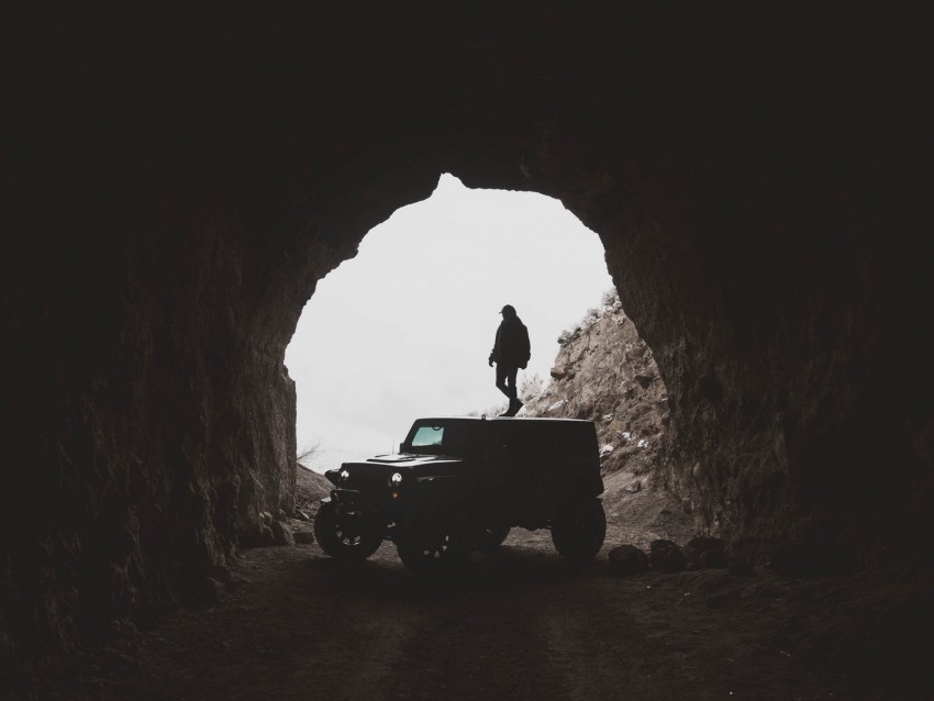suv, jeep, tunnel, silhouette, man