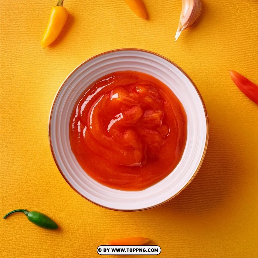 Sweet And Sour Sauce In A White Bowl With Yellow And Red Chili Peppers On Yellow PNG Transparent Background