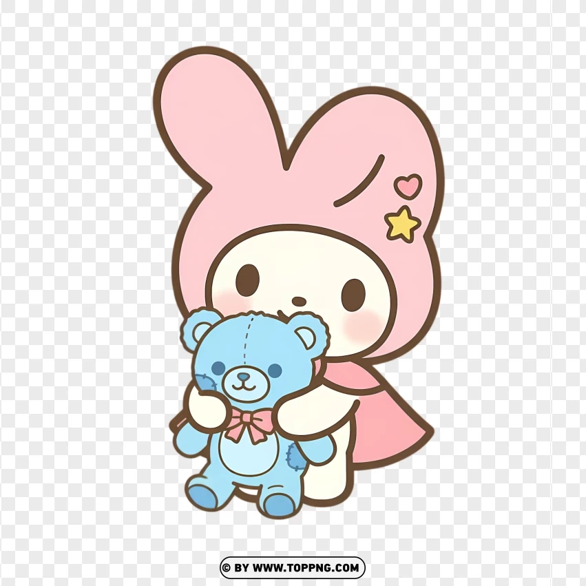 Kawaii bunny holding cozy plush toy in gentle pose