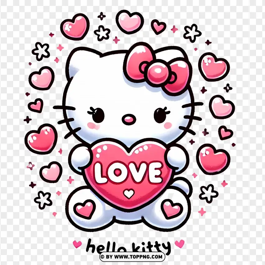 Hello Kitty Surrounded By Hearts And Sparkles PNG Transparent Background