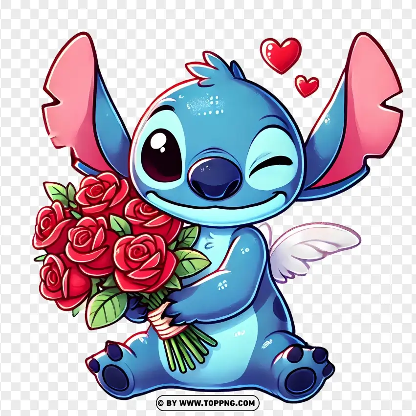 Stitch Smiling While Holding A Valentines Rose Bouquet PNG Transparent Background