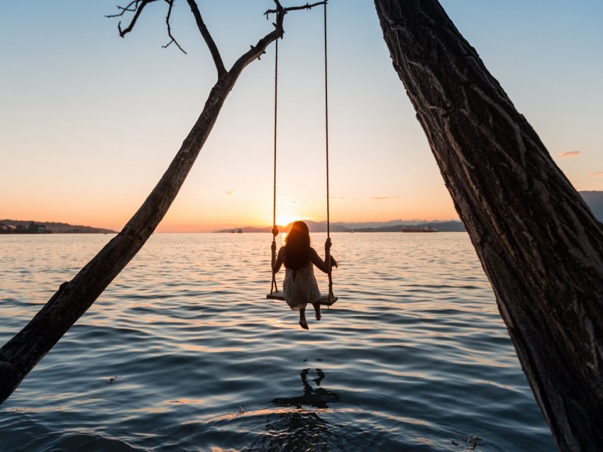 swing, girl, sunset, lake, river