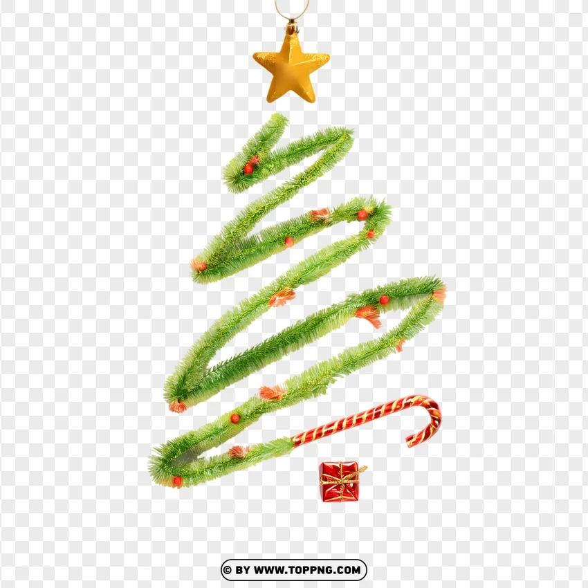 Swirl Christmas Tree With Candy Cane And Baubles PNG Transparent Background